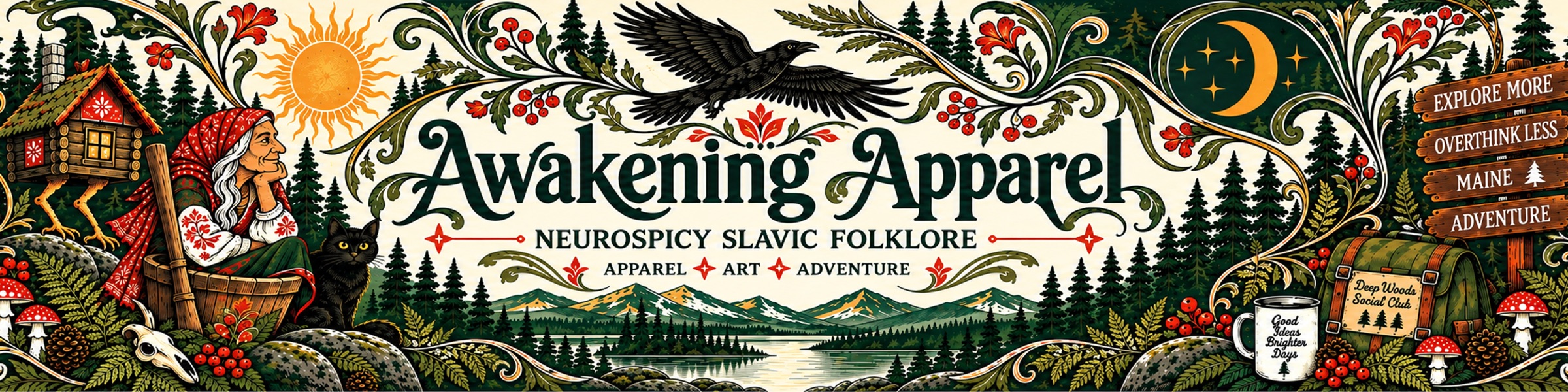 Awakening Apparel banner: Baba Yaga in her mortar beside her hut on chicken legs, a black cat, a raven over a Maine lake, and the words Neurospicy Slavic Folklore, Apparel, Art, Adventure